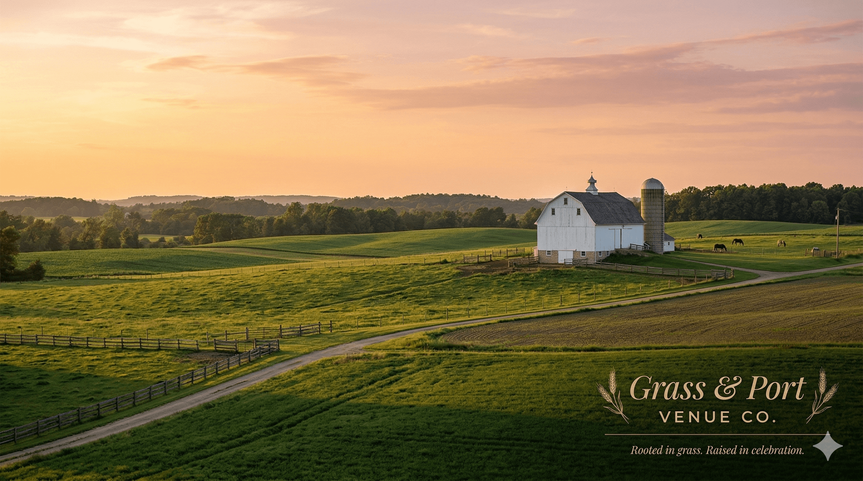 A golden-hour landscape of a white barn and rolling fields in mid-Michigan at sunset